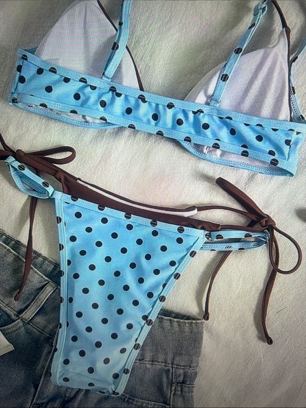 Polka Dot Tie-Side Bikini Set in Light Blue and Brown